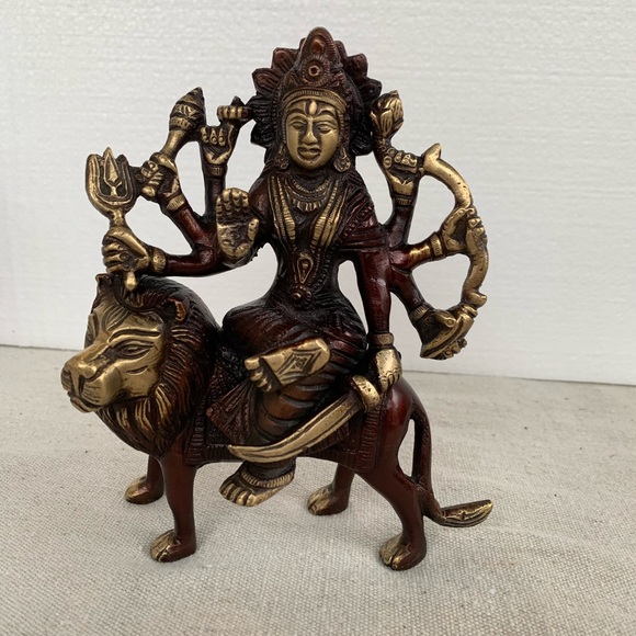 Durga & Lion Brass Statue Figurine with Antique Bronze Gold Finish - Picture 10 of 12